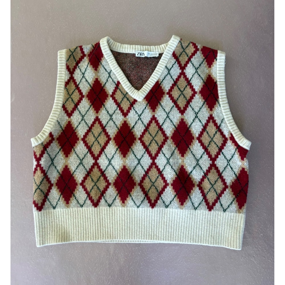 Zara Argyle Sweater Vest Preppy Academia Knit‎ Top Sleeveless Large